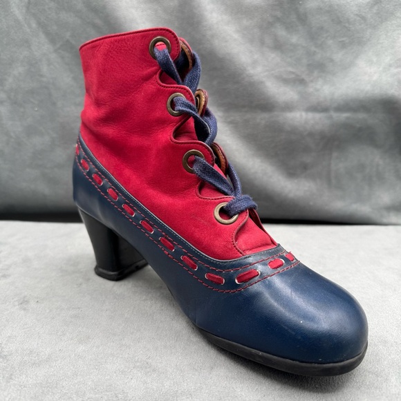 John Fluevog Operetta Bordoni Ankle Boots Women’s 8 Navy & Red Leather - Picture 8 of 16
